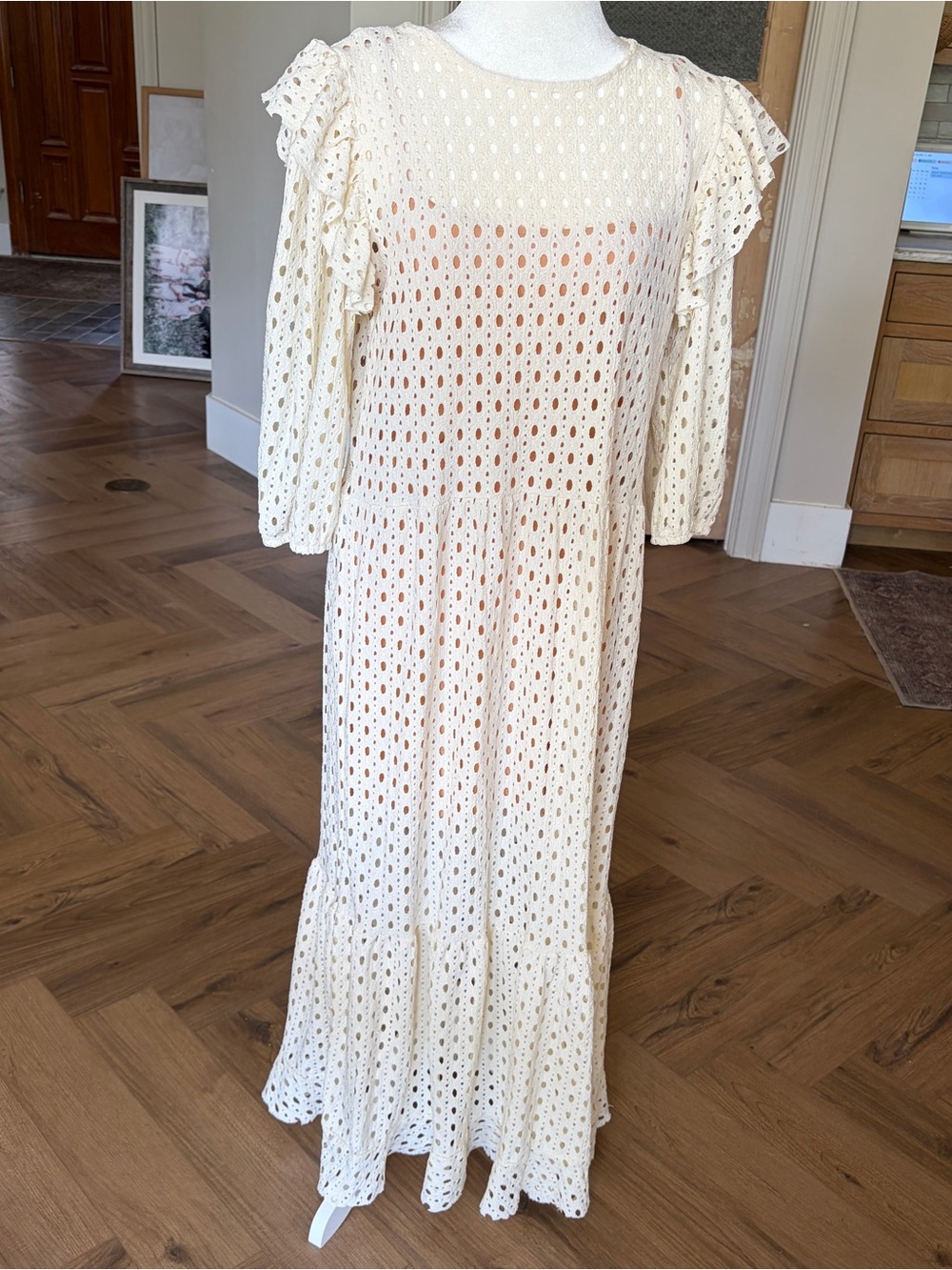 MNG Eyelet Ruffle Maxi Dress in Cream size 8